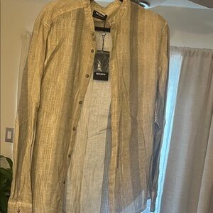 NoHow - Men's Beige and Gray Striped Band Collar Linen Button Down
